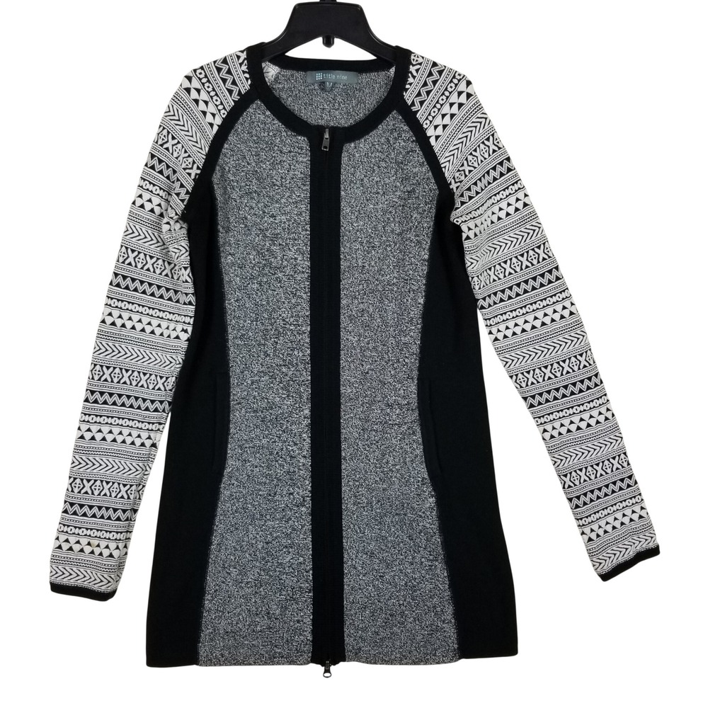 Title Nine Full Zip Sweater Womens Medium Gray Black Geometric Mixed Media Knit